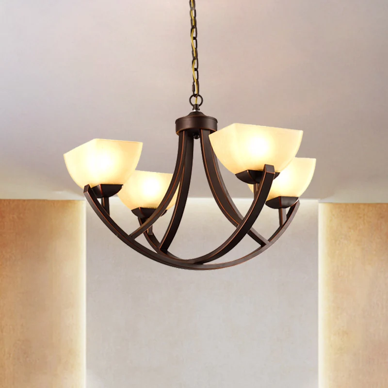 4/6 koppen plafondkroonluchter klassieke trapeziumvormige melkglas hangende hanger met boogarm brons voor slaapkamer Clear...