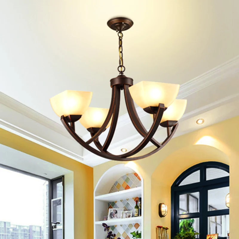 4/6 koppen plafondkroonluchter klassieke trapeziumvormige melkglas hangende hanger met boogarm brons voor slaapkamer Clear...