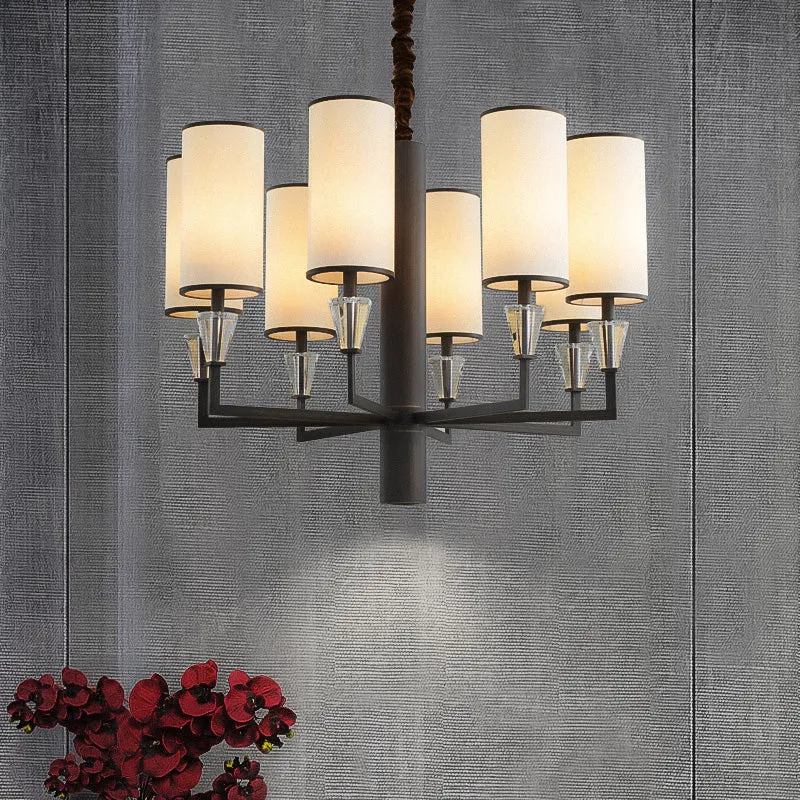 6/8 koppen stoffen kroonluchterlamp Traditionele witte kolom eettafel ophanging hanglamp met kristallen decor Clearhalo