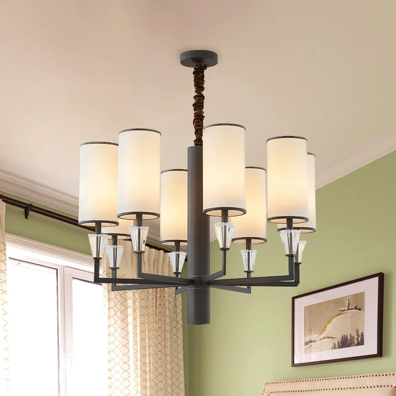 6/8 koppen stoffen kroonluchterlamp Traditionele witte kolom eettafel ophanging hanglamp met kristallen decor Clearhalo