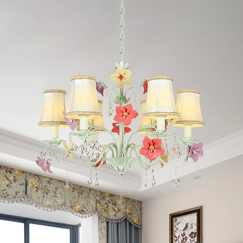 Koreaanse bloem uitlopende druppellamp 6 lampen stoffen kroonluchter lichtgroen met kristallen accent Clearhalo
