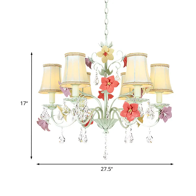 Koreaanse bloem uitlopende druppellamp 6 lampen stoffen kroonluchter lichtgroen met kristallen accent Clearhalo