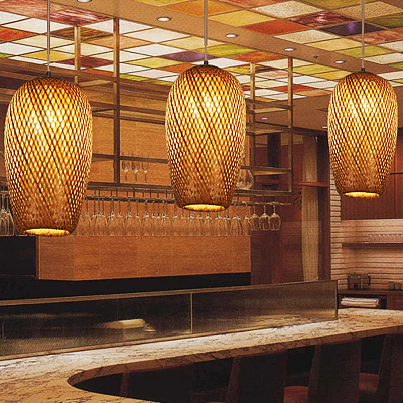 Kriskras geweven plafond hangende lantaarn Chinese bamboe 1 lamp bruine hanglamp voor restaurant Clearhalo