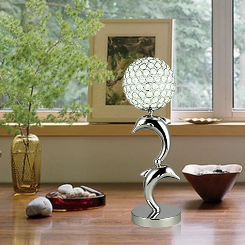 Kristal chroom tafellamp dolfijn en globe LED eenvoudige nachtkastjelamp voor studeerkamer Clearhalo