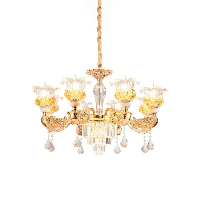 Kristallen bloemen omhoog kroonluchter traditioneel 8 lampen woonkamer hanglamp goud Clearhalo
