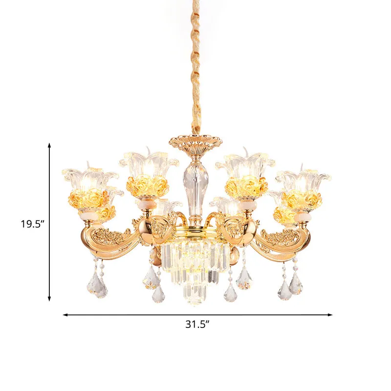 Kristallen bloemen omhoog kroonluchter traditioneel 8 lampen woonkamer hanglamp goud Clearhalo