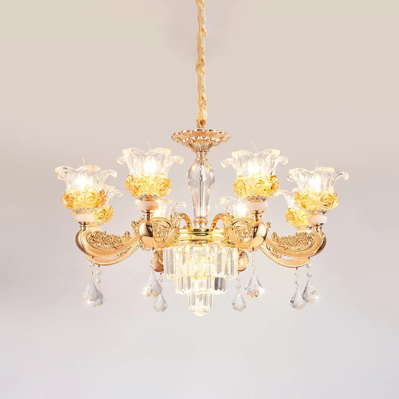 Kristallen bloemen omhoog kroonluchter traditioneel 8 lampen woonkamer hanglamp goud Clearhalo