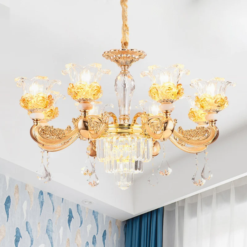 Kristallen bloemen omhoog kroonluchter traditioneel 8 lampen woonkamer hanglamp goud Clearhalo