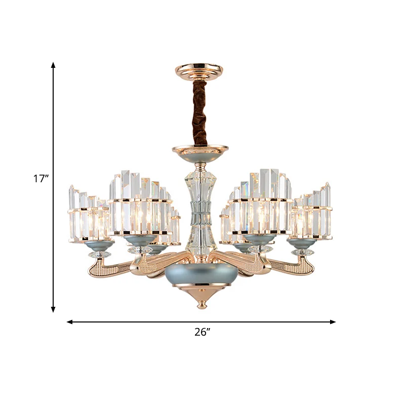 Kristallen blok gebogen paneel kroonluchter eigentijds 6 lampen gouden slingerlicht met blauw keramiekdetail Clearhalo