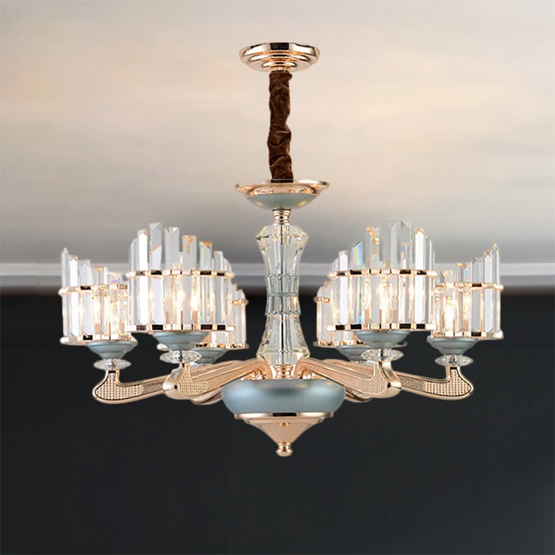 Kristallen blok gebogen paneel kroonluchter eigentijds 6 lampen gouden slingerlicht met blauw keramiekdetail Clearhalo