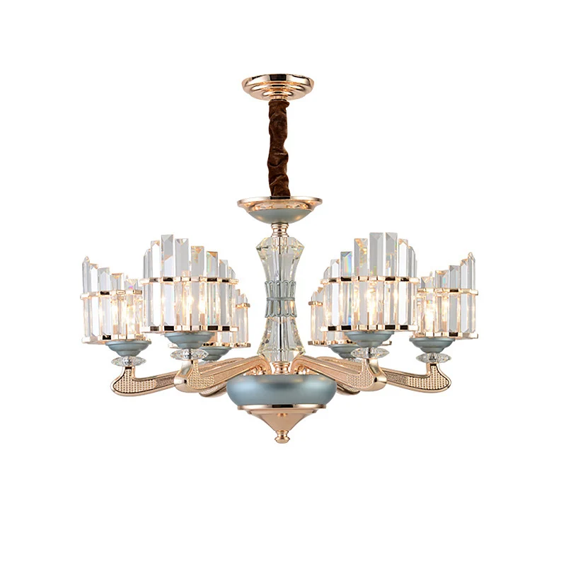 Kristallen blok gebogen paneel kroonluchter eigentijds 6 lampen gouden slingerlicht met blauw keramiekdetail Clearhalo