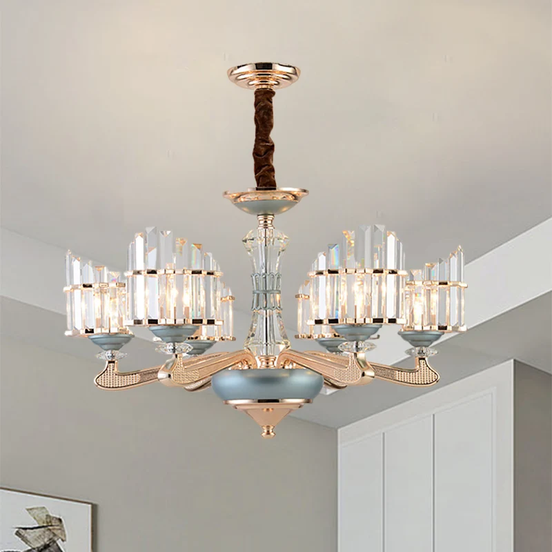 Kristallen blok gebogen paneel kroonluchter eigentijds 6 lampen gouden slingerlicht met blauw keramiekdetail Clearhalo
