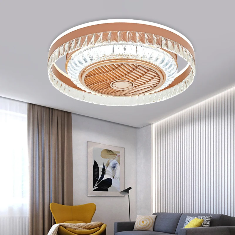 Kristallen blokken koperen hangende ventilatorlamp ronde LED eigentijdse halfverzonken plafondlamp, 60 cm breed Clearhalo
