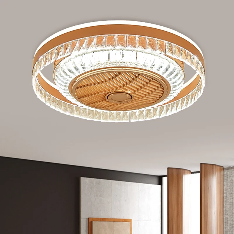 Kristallen blokken koperen hangende ventilatorlamp ronde LED eigentijdse halfverzonken plafondlamp, 60 cm breed Clearhalo