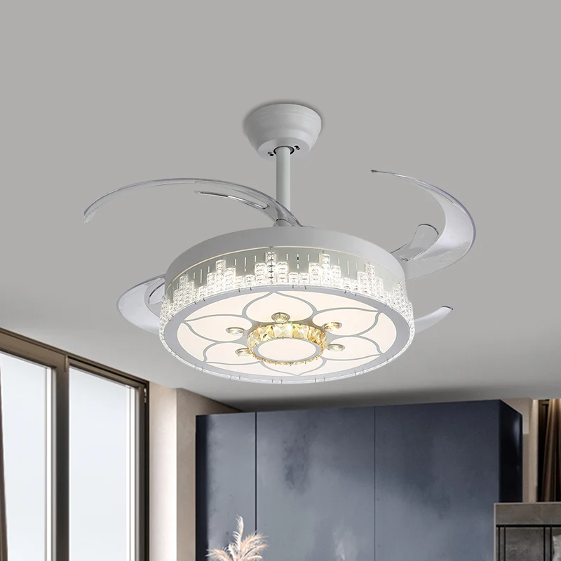 Kristallen blokken wit semi-gemonteerd licht rond modern 4 bladen LED-plafondventilatorlamp met bloem/sneeuwvlok/Chinese k...