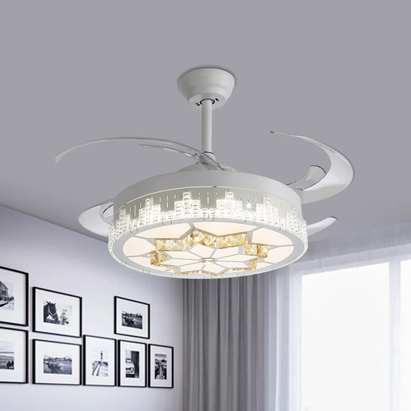 Kristallen blokken wit semi-gemonteerd licht rond modern 4 bladen LED-plafondventilatorlamp met bloem/sneeuwvlok/Chinese k...
