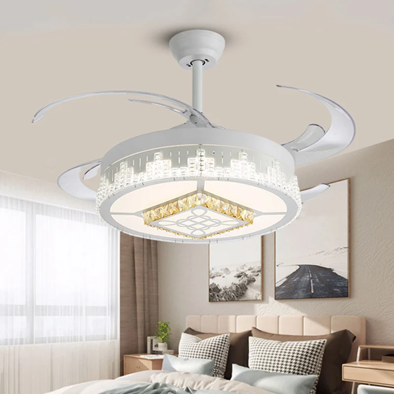 Kristallen blokken wit semi-gemonteerd licht rond modern 4 bladen LED-plafondventilatorlamp met bloem/sneeuwvlok/Chinese k...