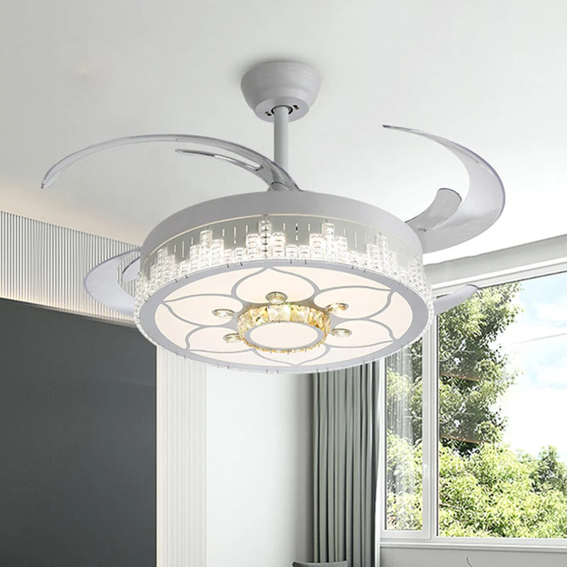 Kristallen blokken wit semi-gemonteerd licht rond modern 4 bladen LED-plafondventilatorlamp met bloem/sneeuwvlok/Chinese k...