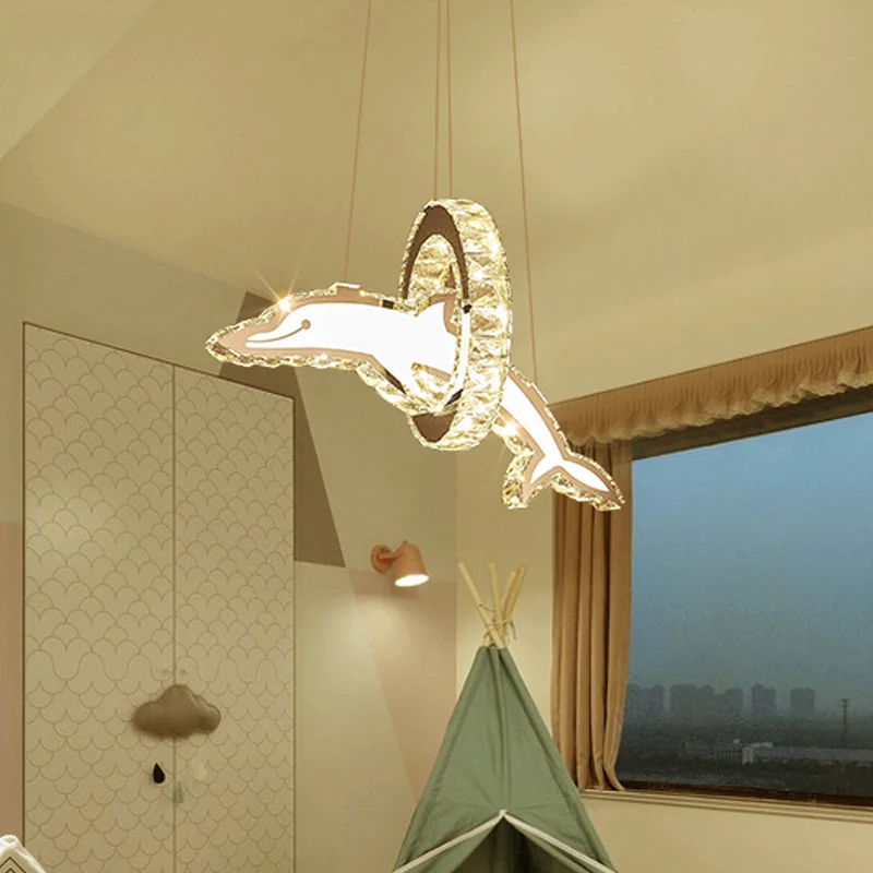 Kristallen dolfijn- en ringkroonluchterlamp voor kinderen van roestvrij staal LED-hanglamp voor kinderkamer Clearhalo