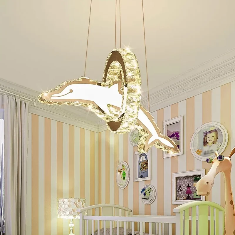 Kristallen dolfijn- en ringkroonluchterlamp voor kinderen van roestvrij staal LED-hanglamp voor kinderkamer Clearhalo
