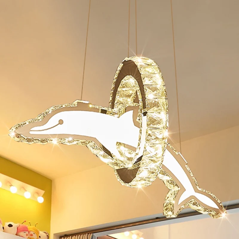 Kristallen dolfijn- en ringkroonluchterlamp voor kinderen van roestvrij staal LED-hanglamp voor kinderkamer Clearhalo