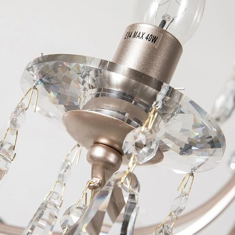 Kristallen druppelkroonluchterlamp Modern 6-kops satijnnikkel hanglamp voor slaapkamer Clearhalo