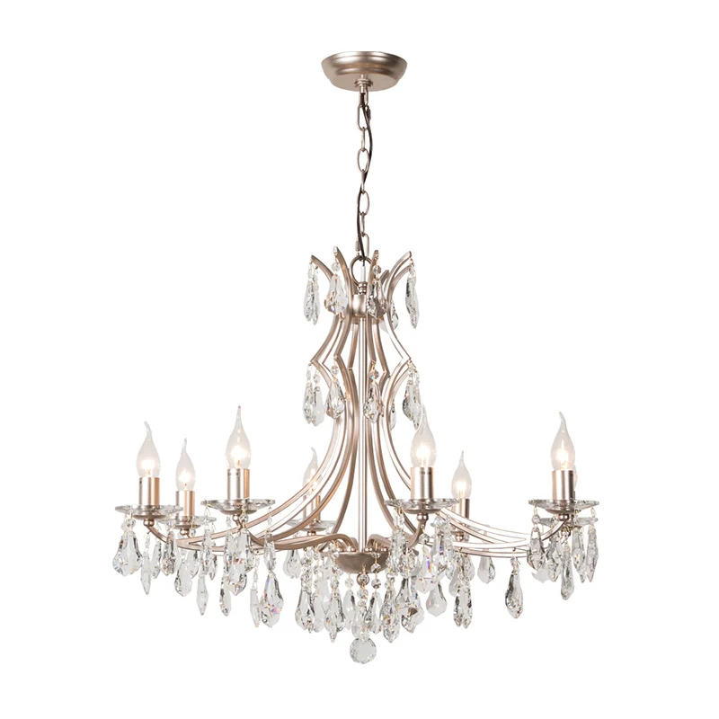 Kristallen druppelkroonluchterlamp Modern 6-kops satijnnikkel hanglamp voor slaapkamer Clearhalo
