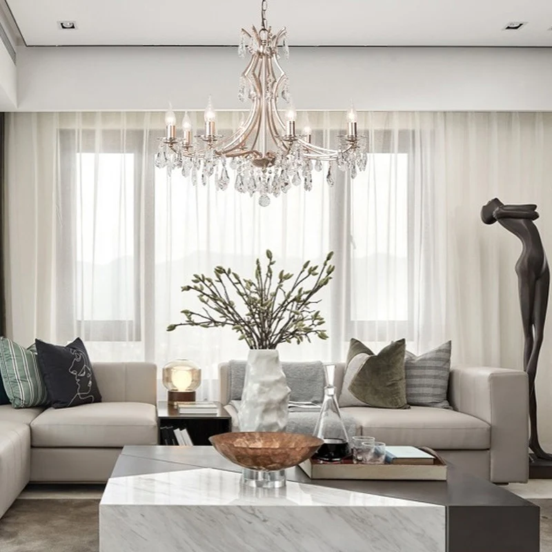 Kristallen druppelkroonluchterlamp Modern 6-kops satijnnikkel hanglamp voor slaapkamer Clearhalo