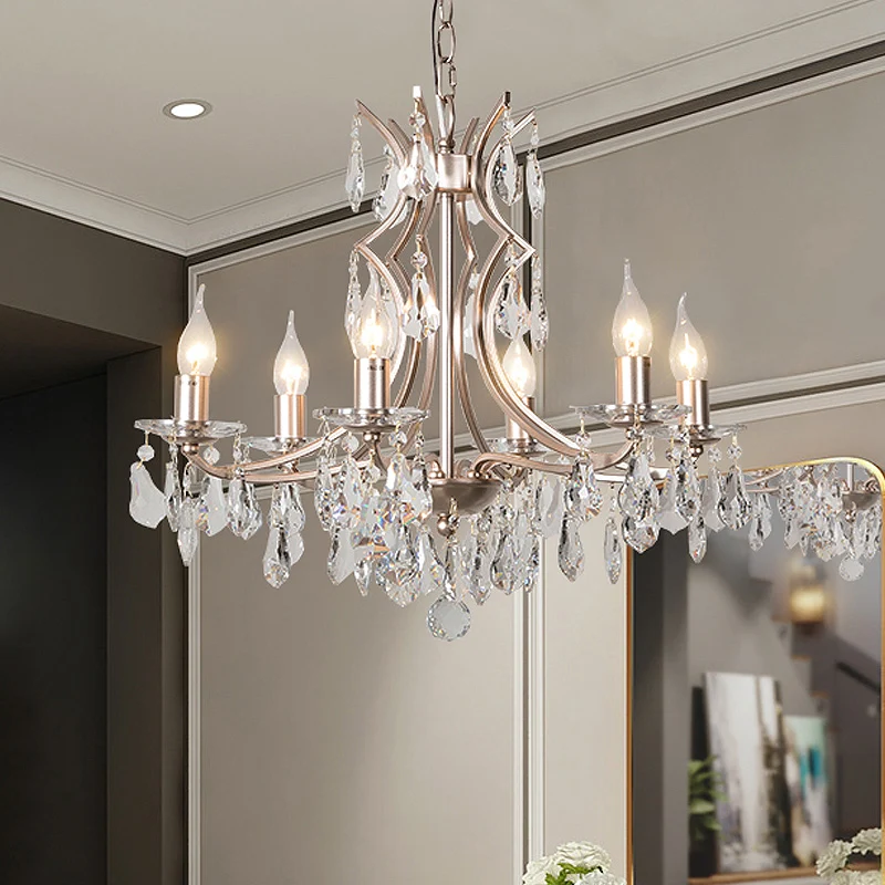 Kristallen druppelkroonluchterlamp Modern 6-kops satijnnikkel hanglamp voor slaapkamer Clearhalo