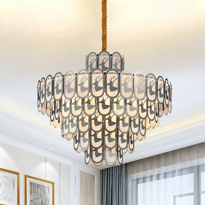 Kristallen gelaagde kroonluchter hanglamp Modern 12/16 licht naar beneden verlichting nikkel met elandenpatroon Clearhalo