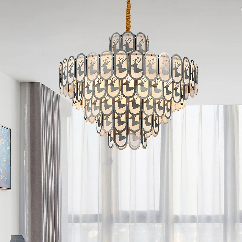 Kristallen gelaagde kroonluchter hanglamp Modern 12/16 licht naar beneden verlichting nikkel met elandenpatroon Clearhalo
