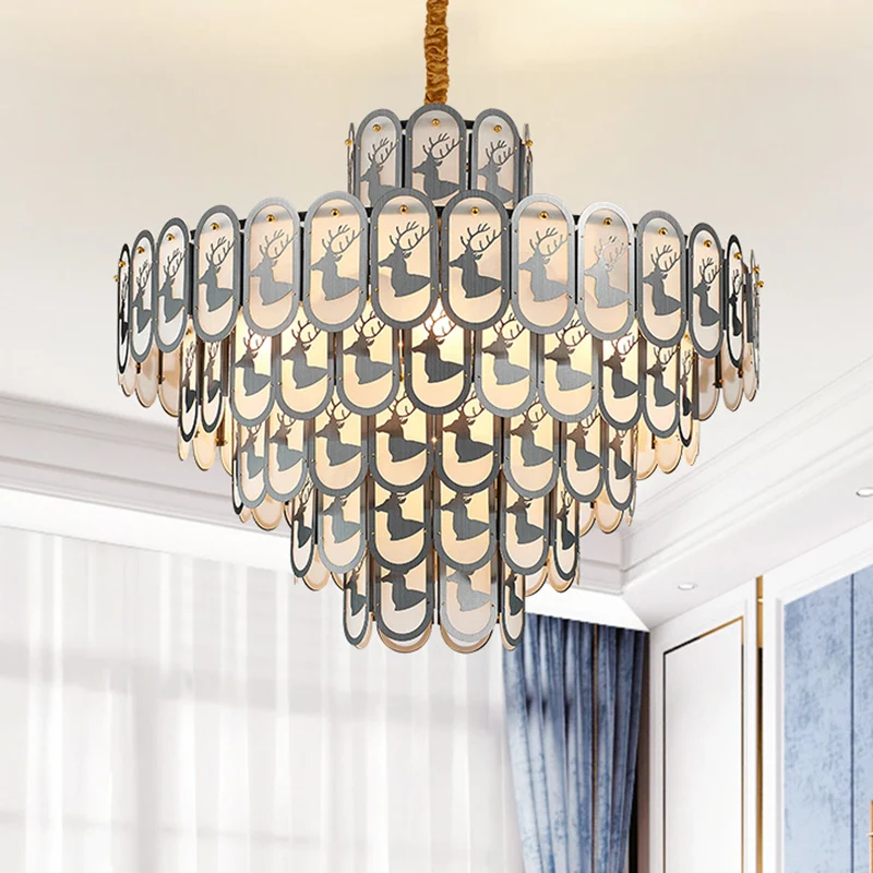 Kristallen gelaagde kroonluchter hanglamp Modern 12/16 licht naar beneden verlichting nikkel met elandenpatroon Clearhalo