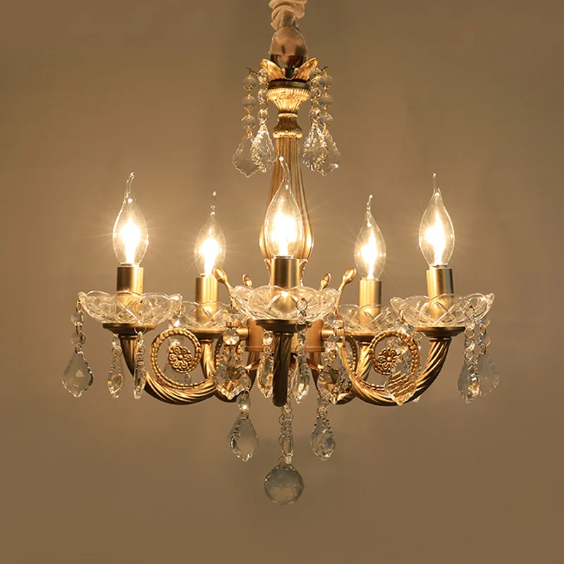 Kristallen gouden kroonluchterverlichting Gescrold arm 5/6 lichten Lodge hanglamp voor slaapkamer Clearhalo
