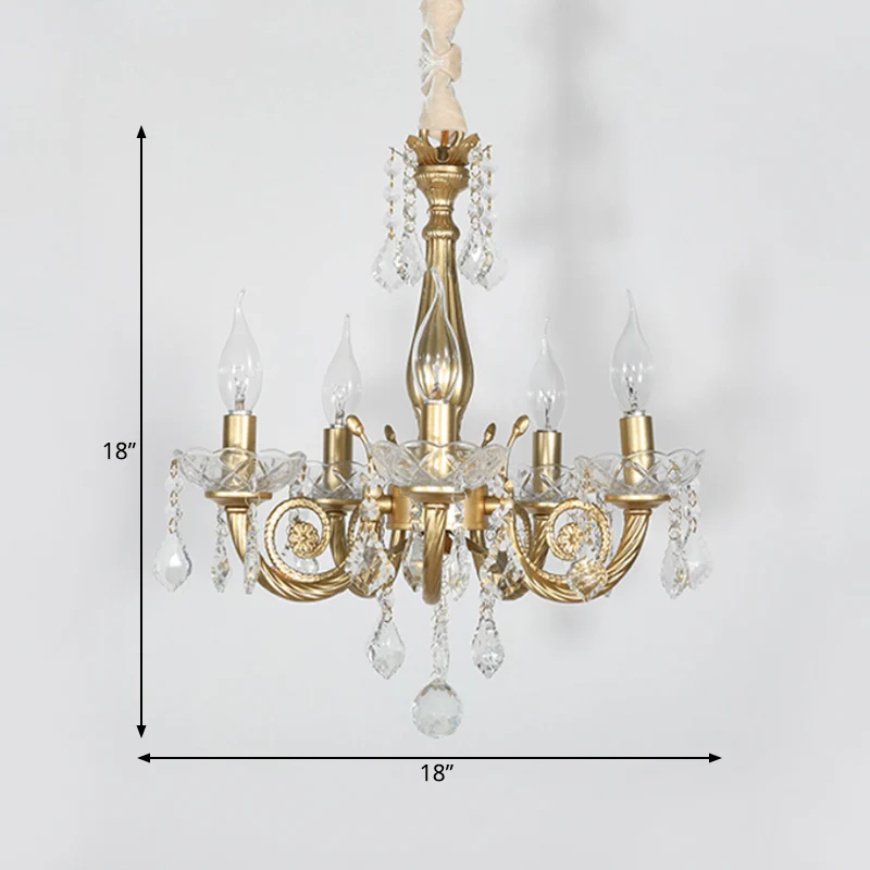 Kristallen gouden kroonluchterverlichting Gescrold arm 5/6 lichten Lodge hanglamp voor slaapkamer Clearhalo