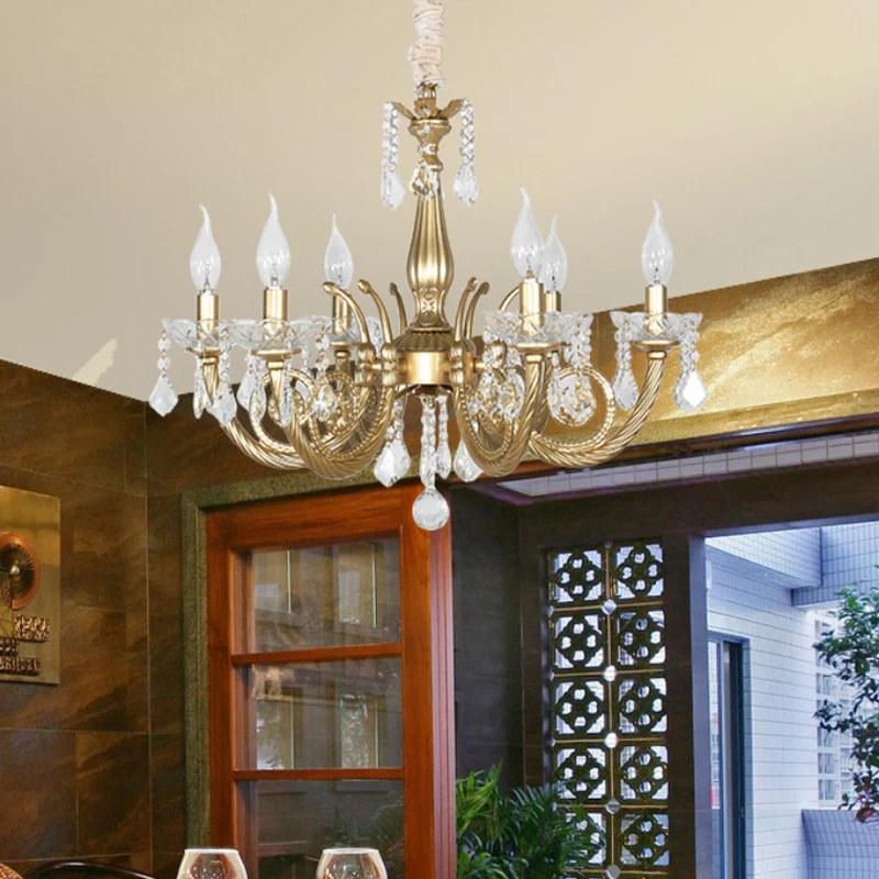 Kristallen gouden kroonluchterverlichting Gescrold arm 5/6 lichten Lodge hanglamp voor slaapkamer Clearhalo