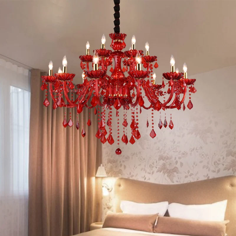 Kristallen kaars/belkroonluchter verlichting modern 6/18 lichten rode hangende hanger met schaduw/schaduwloos, 23,5"/37,5"...