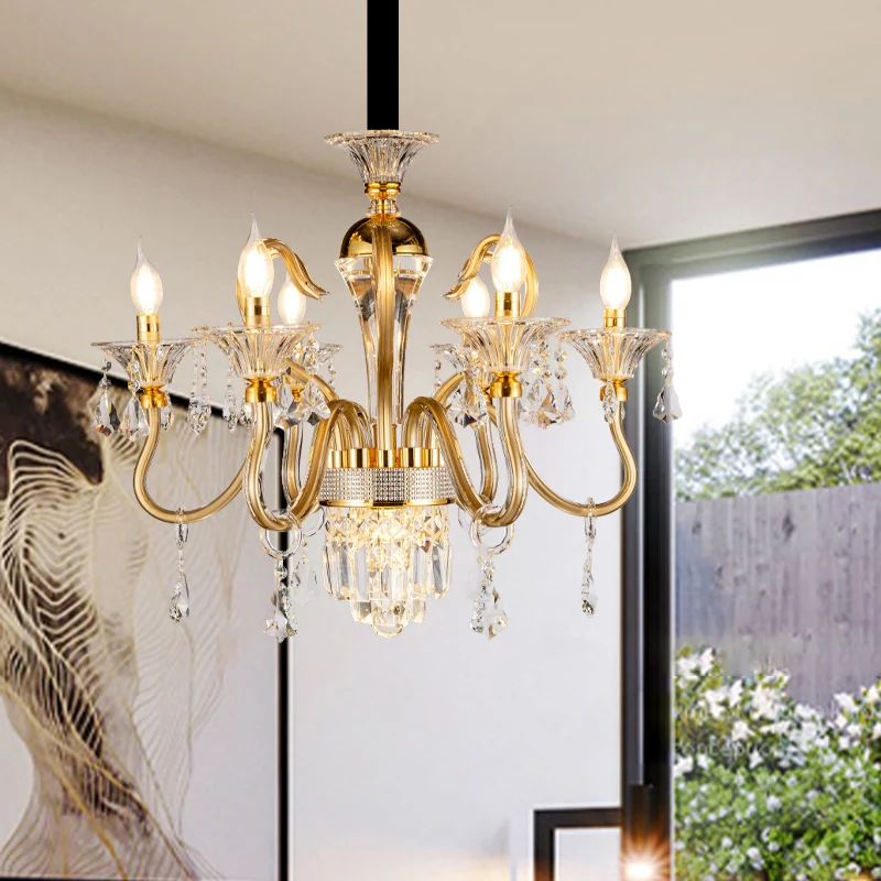 Kristallen kandelaar hanger kroonluchter midden van de eeuw 6 lamp slaapkamer hanglamp goud Clearhalo