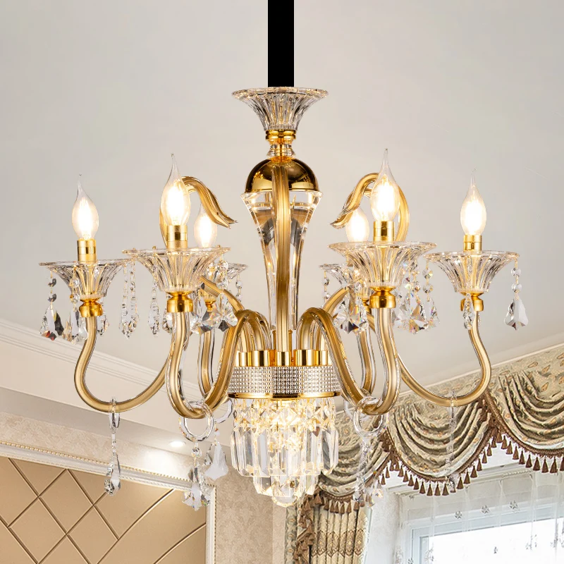 Kristallen kandelaar hanger kroonluchter midden van de eeuw 6 lamp slaapkamer hanglamp goud Clearhalo