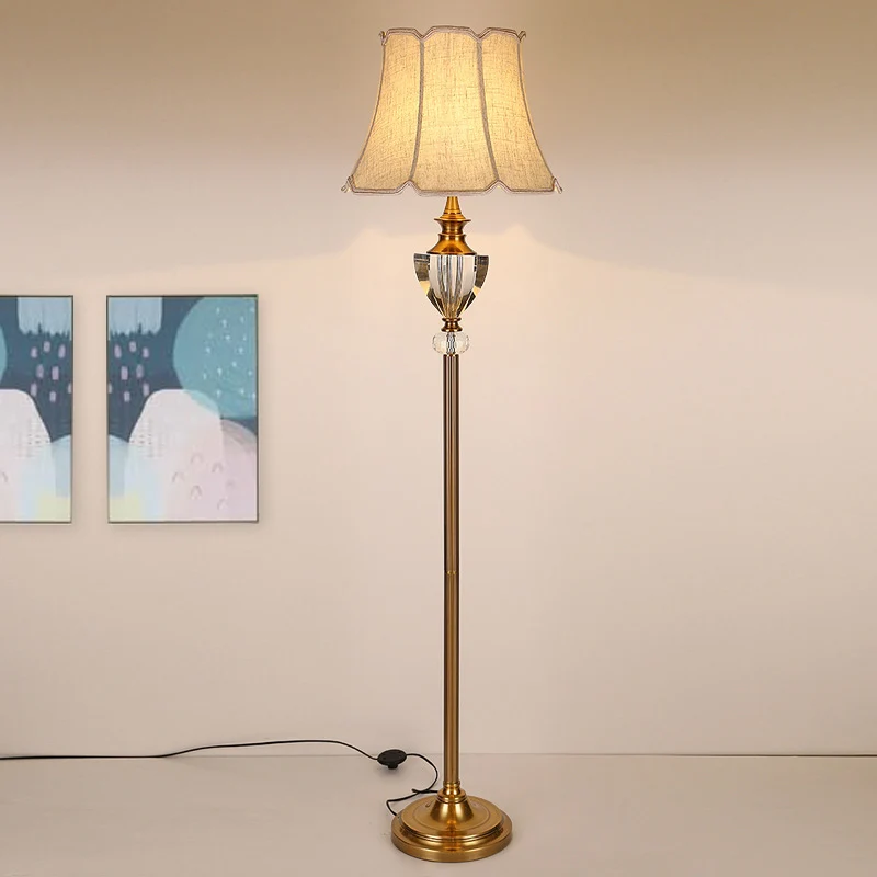 Kristallen kom vloerlamp platteland enkel licht woonkamer opstaand licht beige met bell stoffen kap Clearhalo