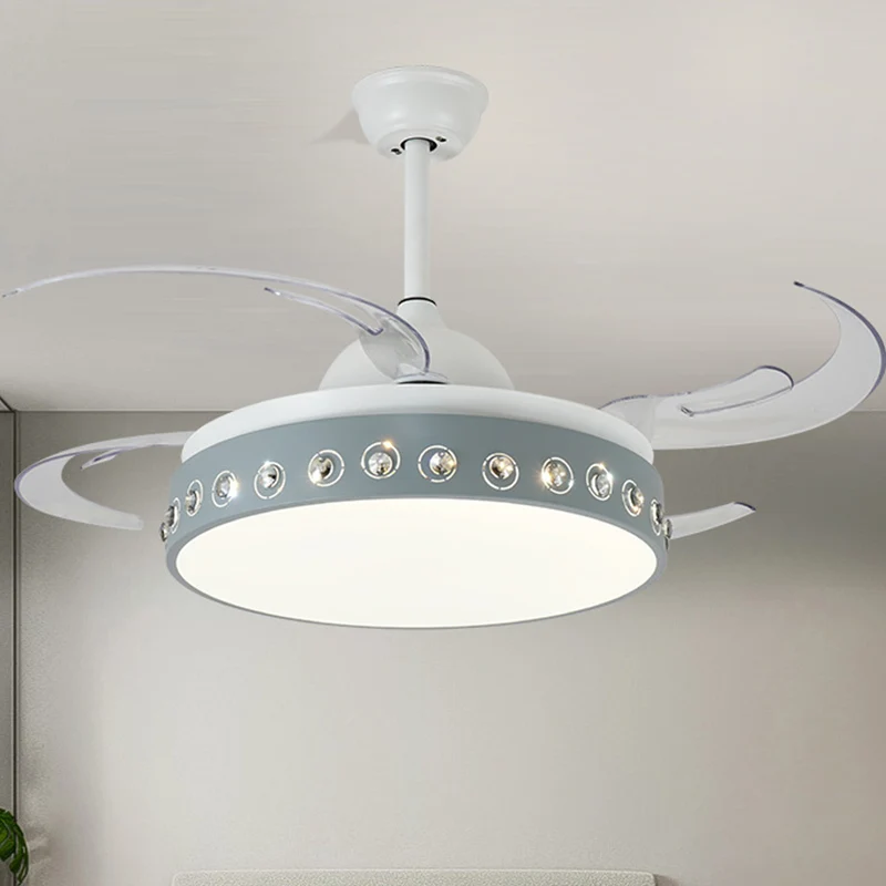 Kristallen kralen LED semi-gemonteerd licht Scandinavische stijl 8-bladige blauw-witte plafondmontageventilator Clearhalo