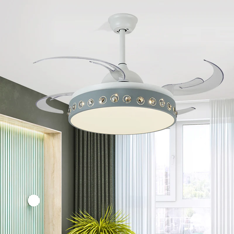Kristallen kralen LED semi-gemonteerd licht Scandinavische stijl 8-bladige blauw-witte plafondmontageventilator Clearhalo