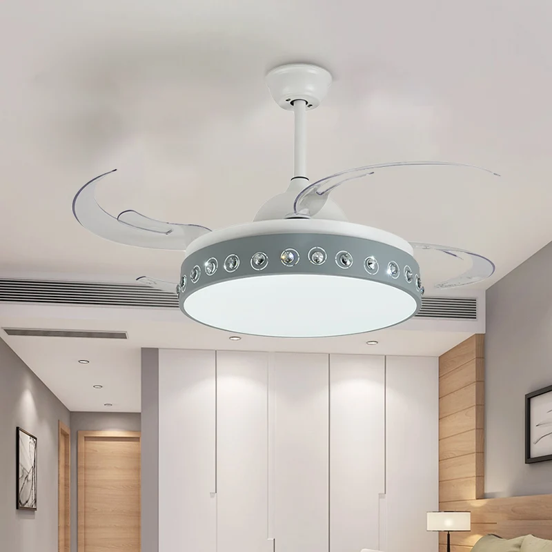 Kristallen kralen LED semi-gemonteerd licht Scandinavische stijl 8-bladige blauw-witte plafondmontageventilator Clearhalo