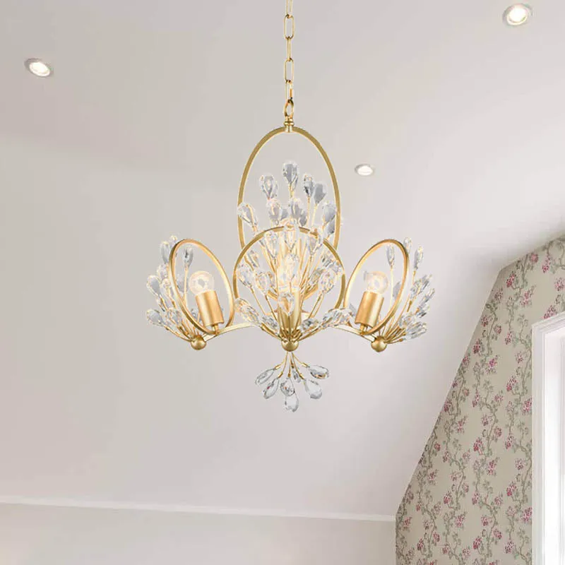 Kristallen kroonluchter met 3 lampen, retro gouden bloemblaadjes, eettafel, hangende hanger Clearhalo