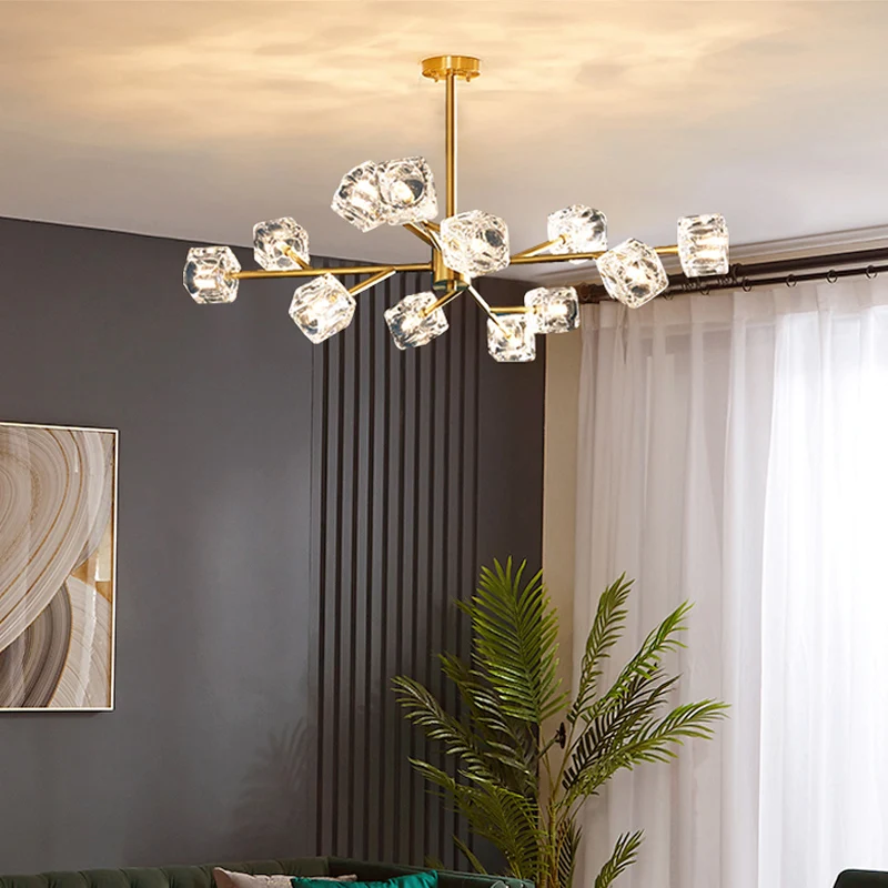 Kristallen kubus hangende verlichting Minimalistische goudkleurige kroonluchter met takontwerp Clearhalo