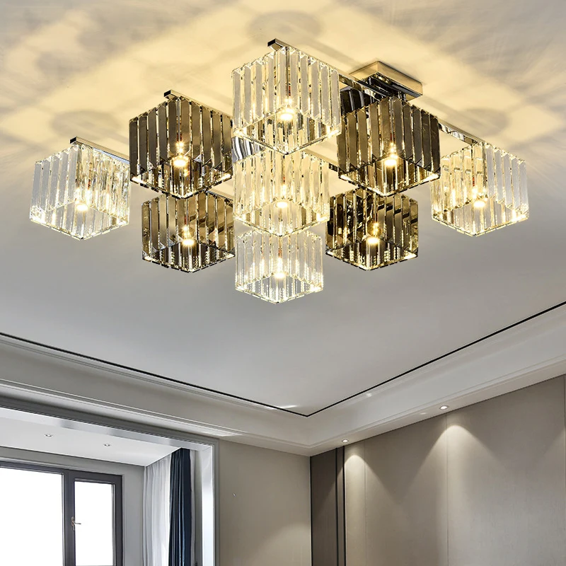 Kristallen kubus-inbouwplafondlamp Modern 4/6/9-lichts Modern binneninbouwlicht gepolijst chroom Clearhalo