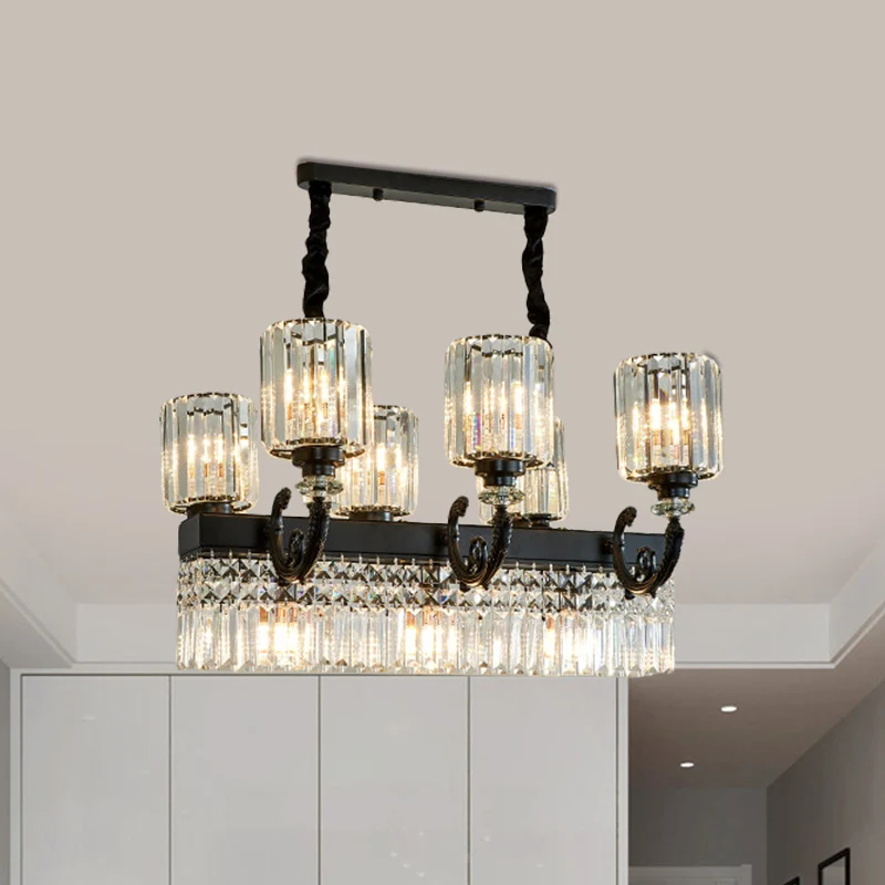 Kristallen prisma Black Island-hanger Cilindrische 9-koppige hanglamp moderne stijl met franje Clearhalo