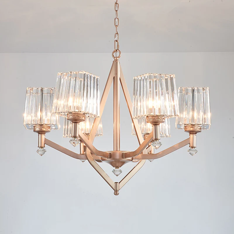 Kristallen prisma roségouden hanglamp kubisch 6-lichts moderne up-kroonluchter voor hotel Clearhalo