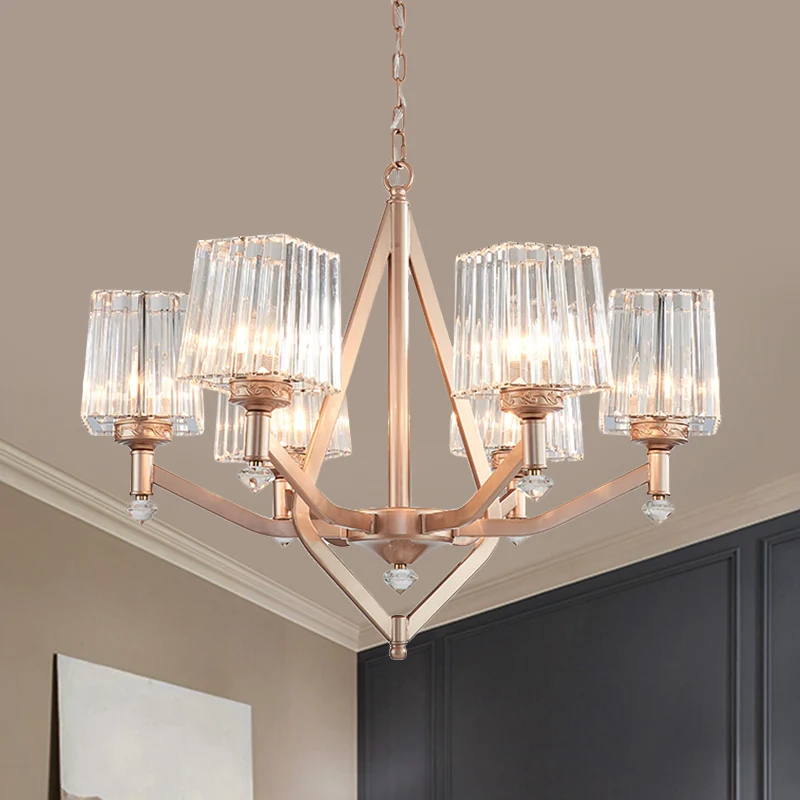 Kristallen prisma roségouden hanglamp kubisch 6-lichts moderne up-kroonluchter voor hotel Clearhalo