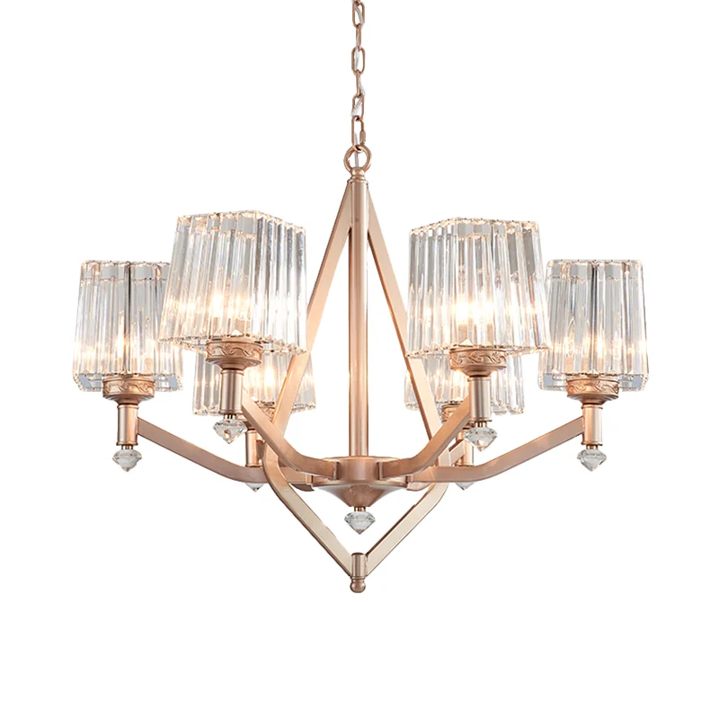Kristallen prisma roségouden hanglamp kubisch 6-lichts moderne up-kroonluchter voor hotel Clearhalo