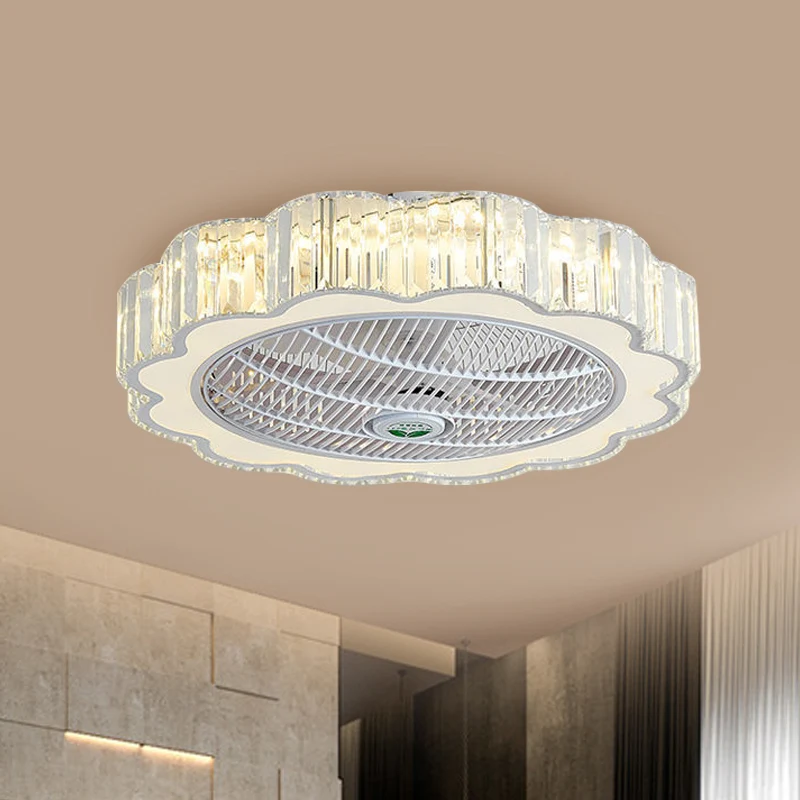 Kristallen rechthoekige cirkel semi-inbouw minimalistische 23-inch brede witte LED-plafondventilatorlamp met 3 bladen Clea...